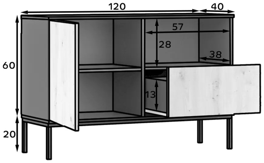 Komoda LANZZI 120x40 cm, czarna/dąb
