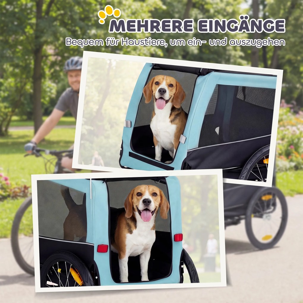 PawHut Składana przyczepka rowerowa z odblaskami, smyczą, dla średnich psów do 20 kg, 143 x 70 x 90 cm, jasnoniebieska | Aosom PL