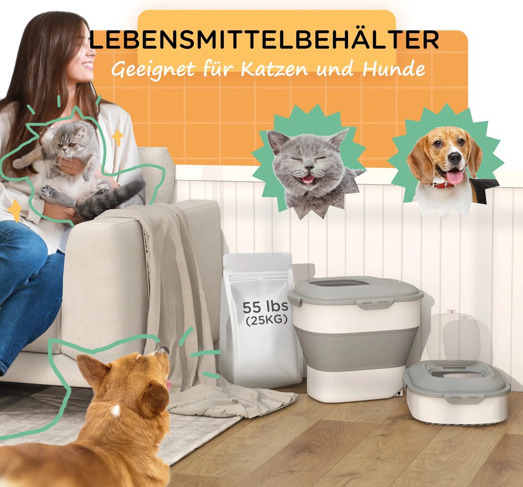 PawHut Składany pojemnik na suchą karmę, do 25 kg, z akcesoriami, 44x32x37cm, Szary