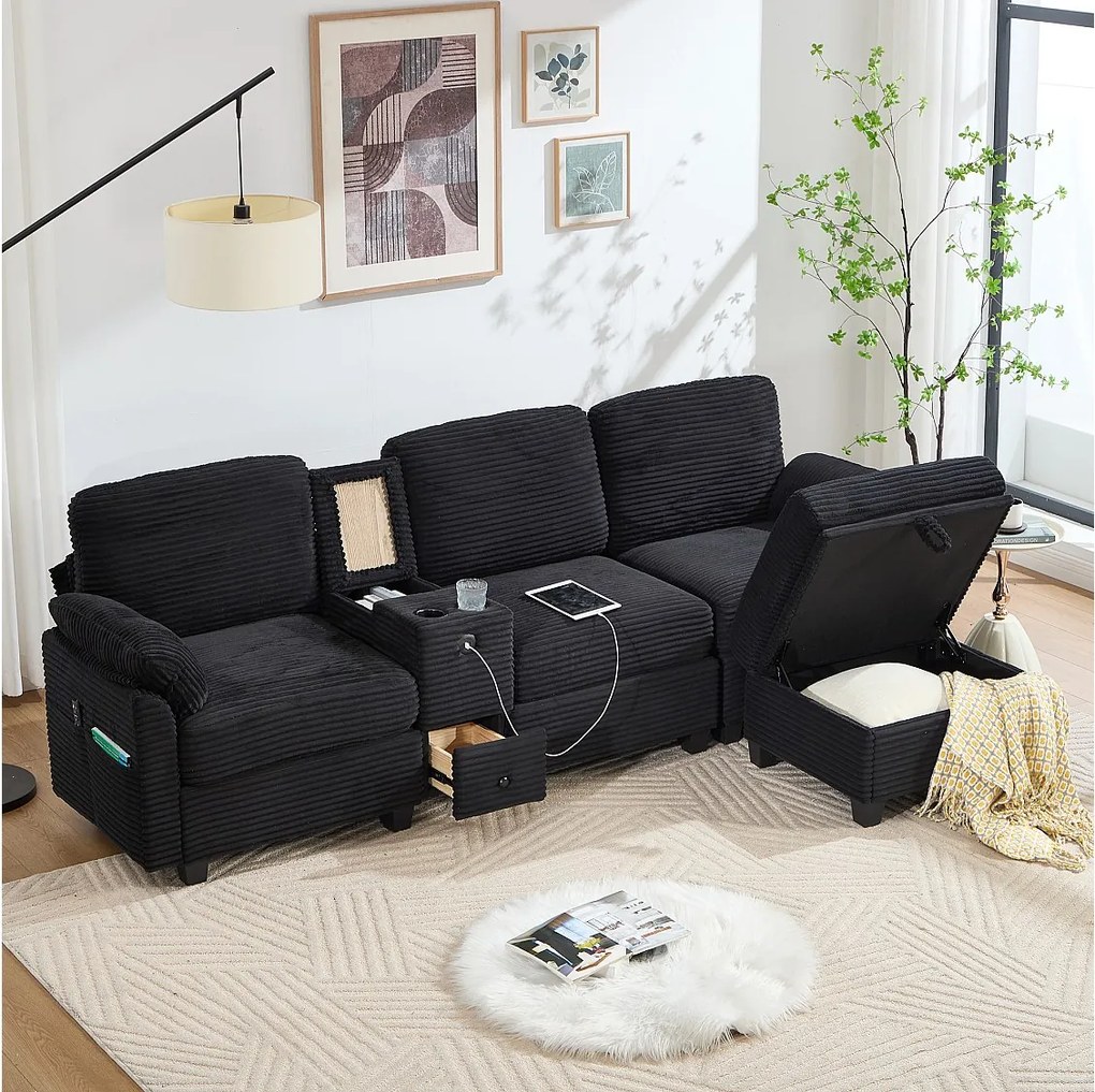 Sofa 3-osobowa, sofa sztruksowa z pufem i szufladami, 2 uchwytami na kubki i portem USB - czarna