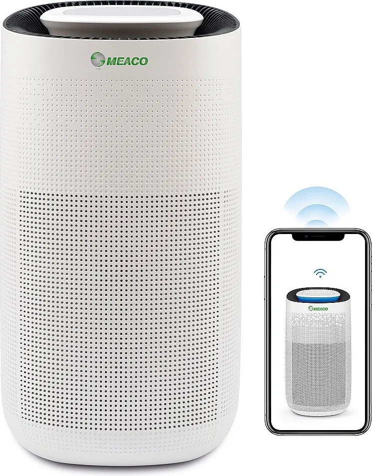 Oczyszczacz powietrza Wi-Fi MEACO MeacoClean CA-HEPA 76x5, filtr HEPA H13, bardzo cichy 25 dB, czujnik jakości powietrza, do domu/biura, kolor biały.