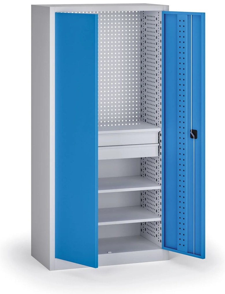 Szafa warsztatowa, 3 półki + 2 szuflady, 1950 × 950 × 500 mm, niebieskie drzwi
