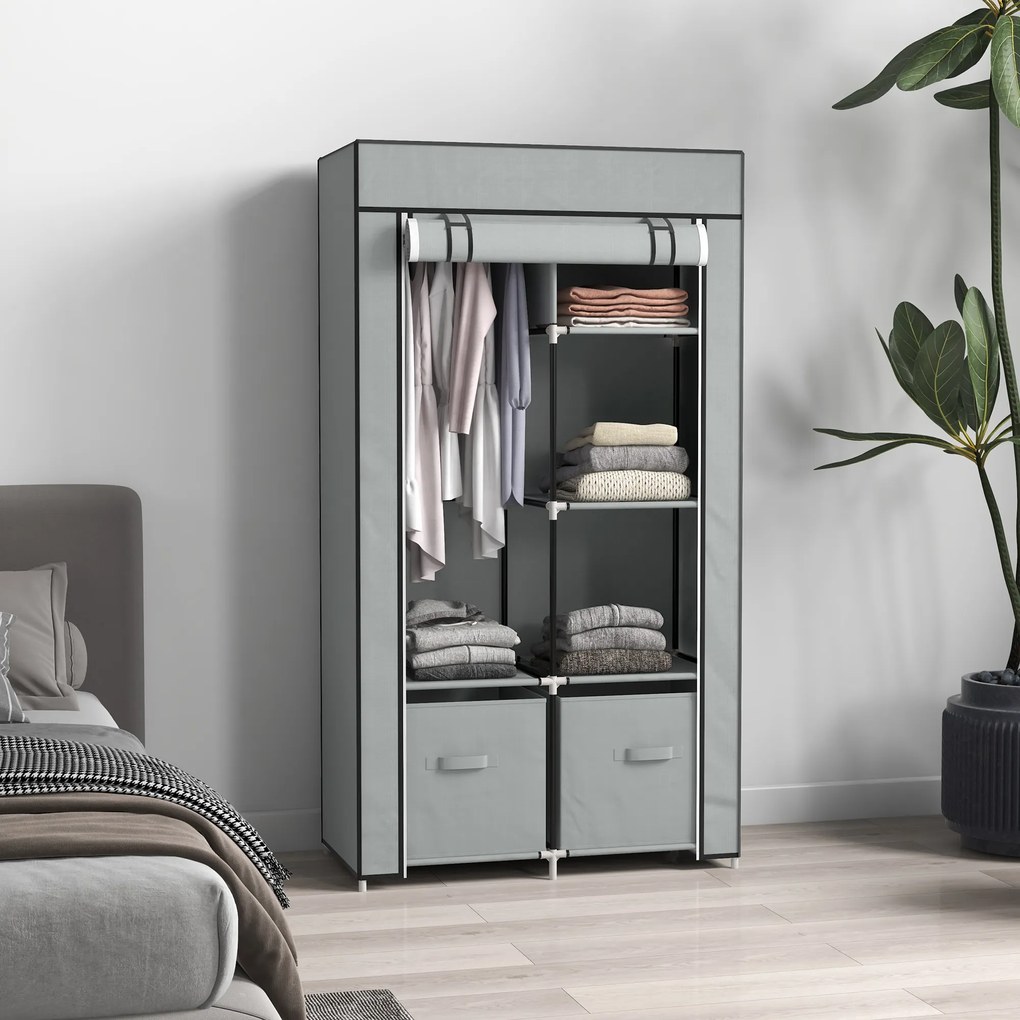 HOMCOM Szafa z Tkaniny Kleiderschrank 1 Drążek na Wieszaki, 2 Szuflady, 83 x 42.5 x 162.5 cm, Szary