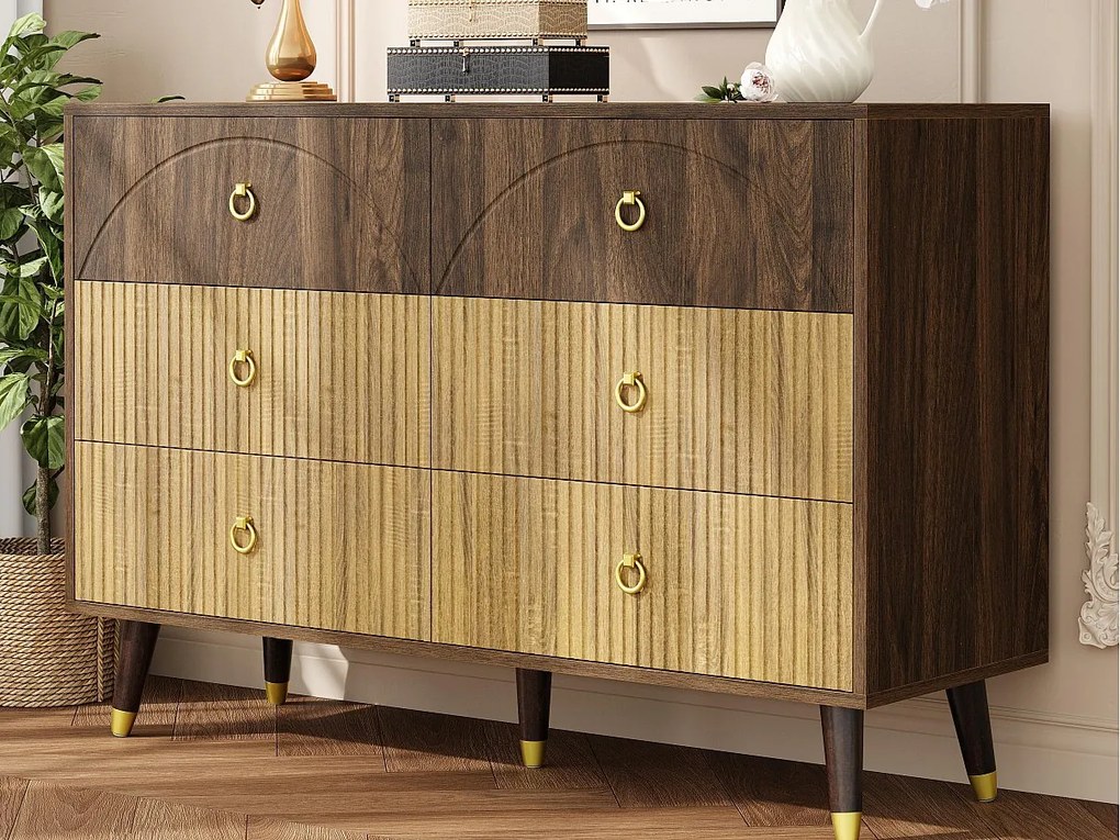 Nowoczesny bufet 120x40x81 cm - 6 szuflad - Nogi z litego drewna - Dwukolorowe wykończenie żyłkowane - MDF - Kolor naturalny