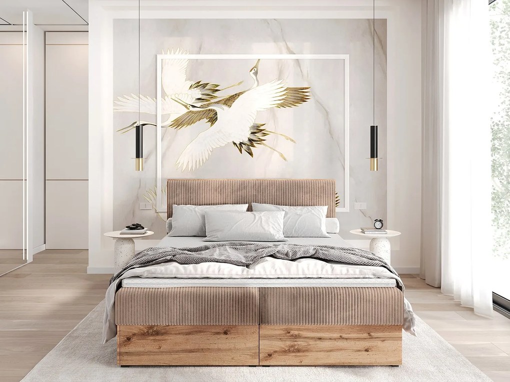 Łóżko kontynentalne TILIA-160x200cm Pojemniki na pościel|Topper|Łóżko podwójne|Materac bonellowy|Tkanina sztruksowa|Łóżko tapicerowane|Płyta Wotan-Cappuccino