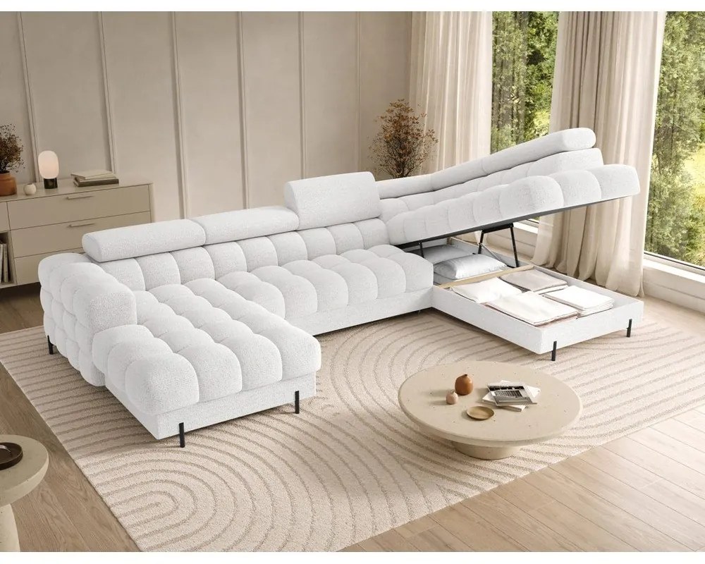 Kremowy rozkładany narożnik z materiału bouclé (prawostronny/w kształcie litery U) Feraria – ELTAP