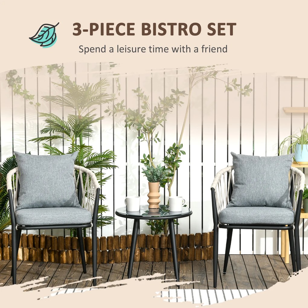 Outsunny Zestaw mebli ogrodowych dla 2 osób z 1 stołem, 2 krzesłami z poduszkami siedziskowymi, zestaw na balkon, stal, szary