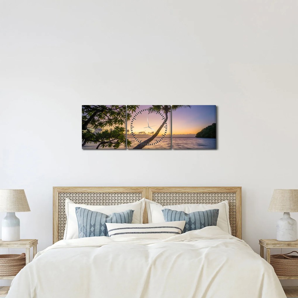 Obraz palmy na plaży (z zegarem) (90x30 cm)