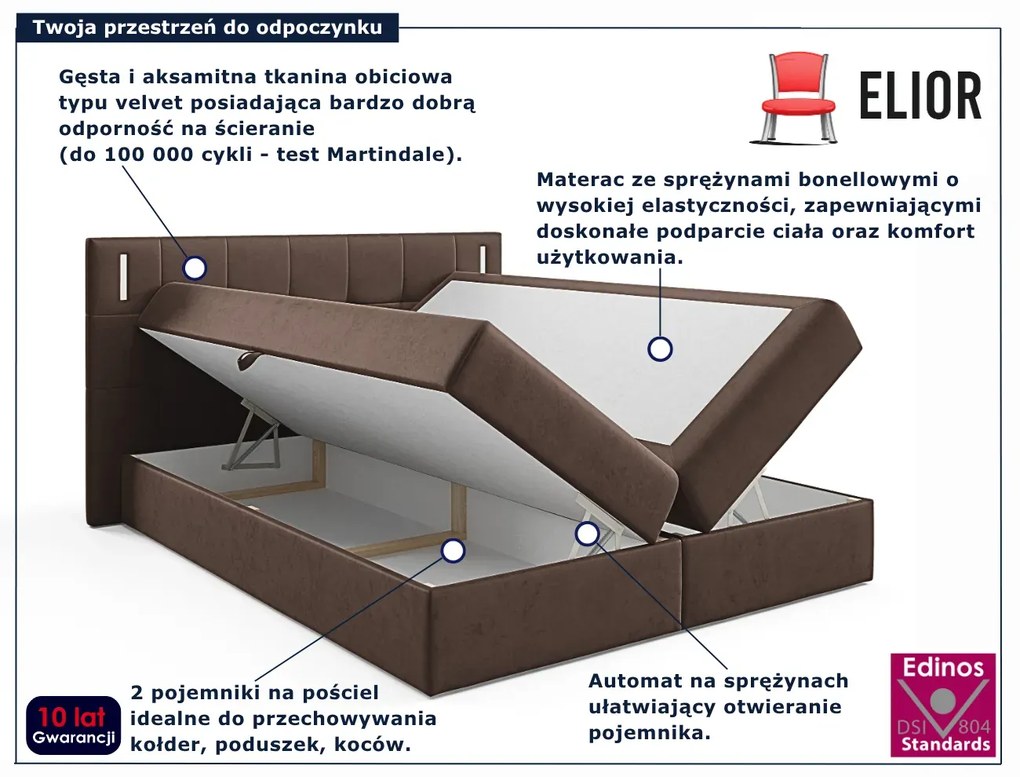 Brązowe łóżko kontynentalne z oświetleniem 5 rozmiarów K0-R07