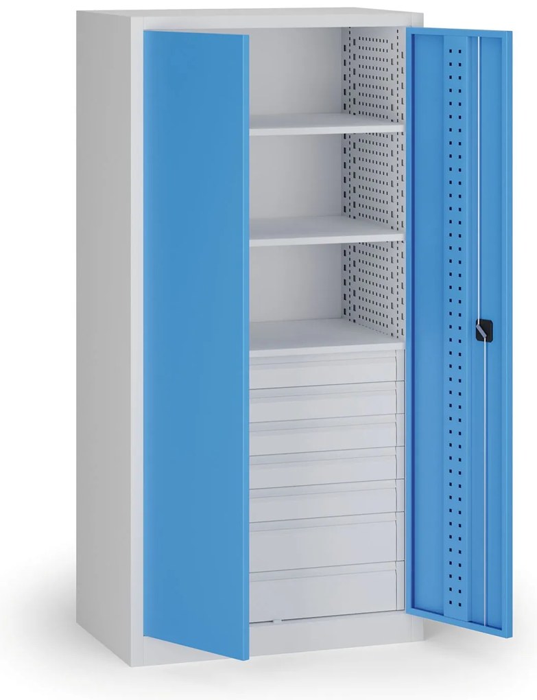 Szafa warsztatowa na narzędzia KOVOS, 3 półki, 7 szuflad, perforowana, 950 x 600 x 1950 mm, niebieski