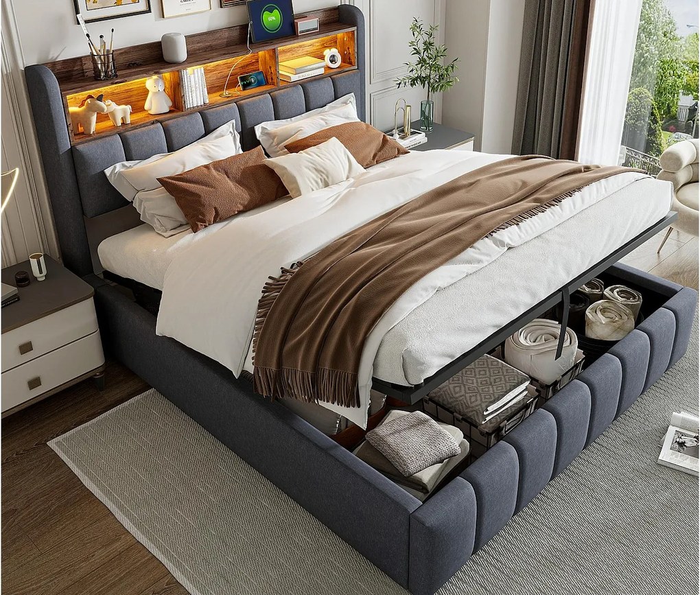 Łóżko z pojemnikiem i tapicerowanym zagłówkiem 180x200 cm - z oświetleniem LED + portem USB - Len - szare (bez materaca)