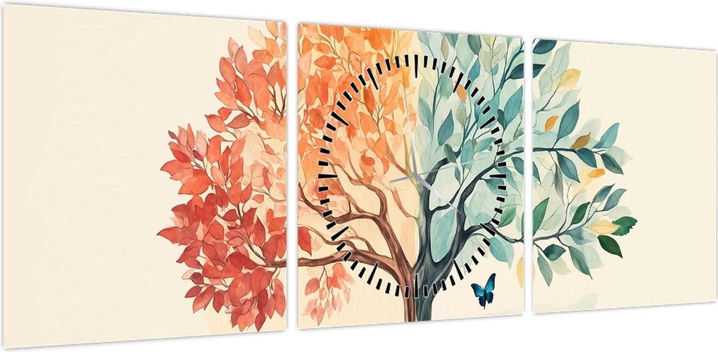 Obraz – Podwójne drzewo z motylem (z zegarem) (90x30 cm)