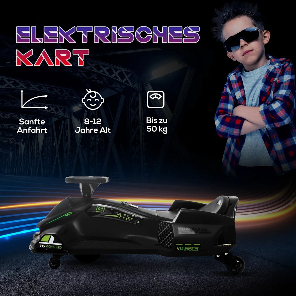HOMCOM Elektryczny Gokart dla Dzieci, Koła z Ekoskóry, 3-8 km/h, ze Światłami i Muzyką, Czarny