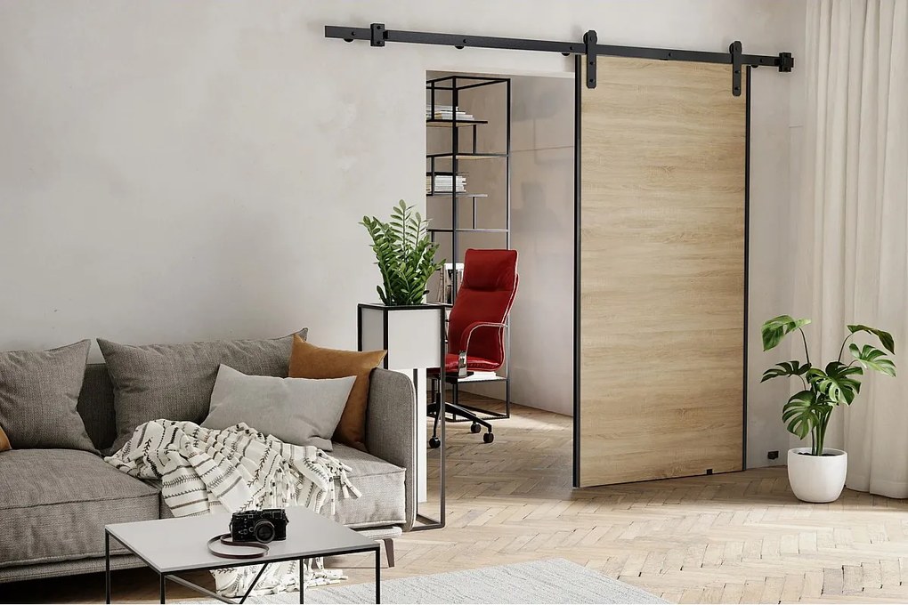 Emporius Drzwi przesuwne 80 cm Ares - drzwi naścienne z systemem regulowanym oraz samodomykaczem - Dąb sonoma