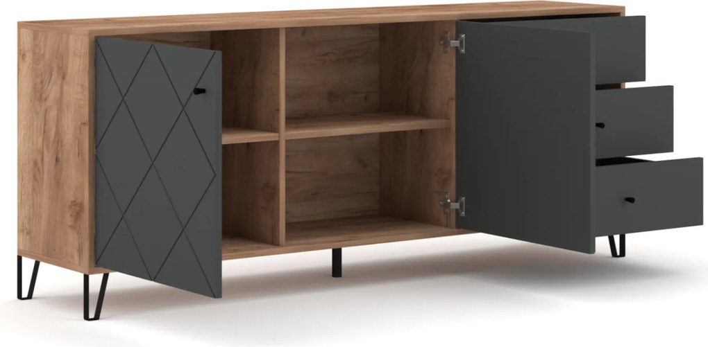 Komoda Dwudrzwiowa z Szufladami BACARDI 183 cm Dąb Craft Tobacco/Grafit Nowoczesna