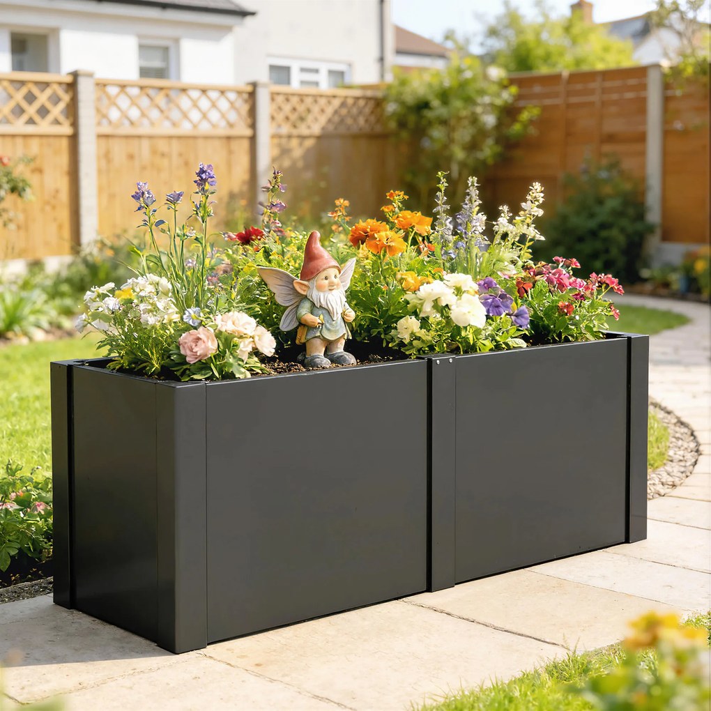 Outsunny Podwyższona Grządka z Ocynkowanej Stali 150 x 53 x 55 cm, Skrzynia na Rośliny z Przegrodą, Czarna | Aosom PL