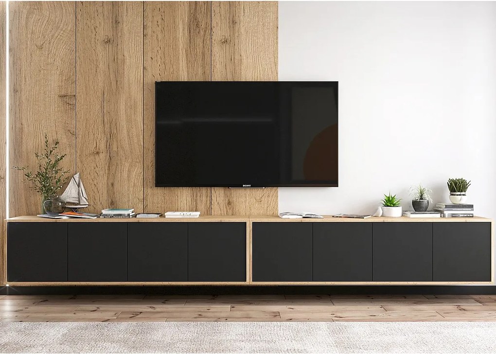 Szafka RTV z 8 drzwiami – korpus dąb Wotan, fronty czarny mat – 300 cm