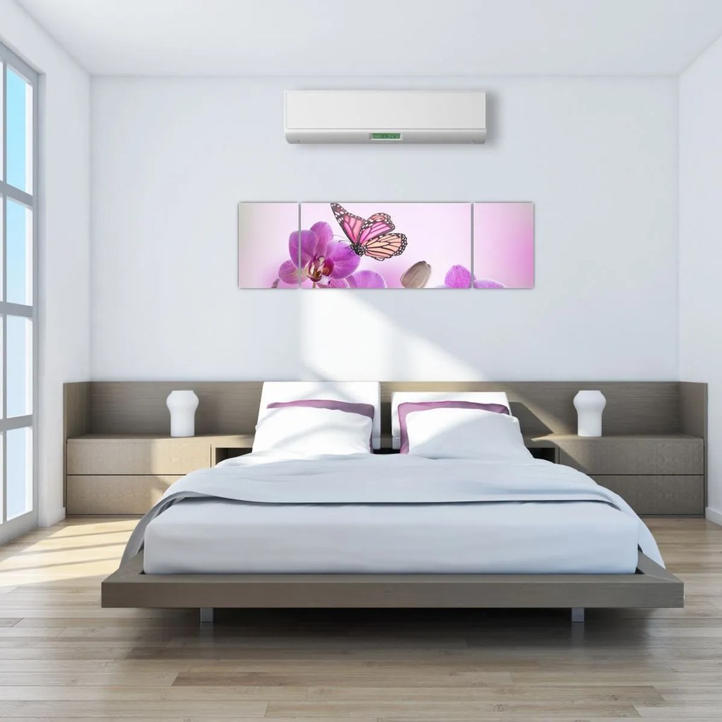 Obraz - Motyl na kwiatach orchidei, liliowy (170x50 cm)