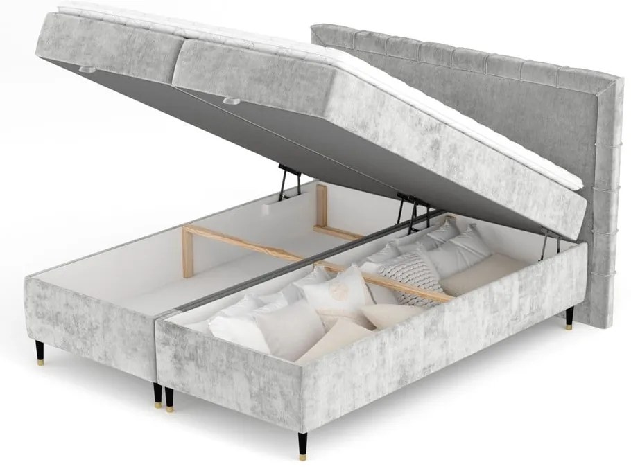 Jasnoszare łóżko boxspring ze schowkiem 200x200 cm Voyage – Maison de Rêve