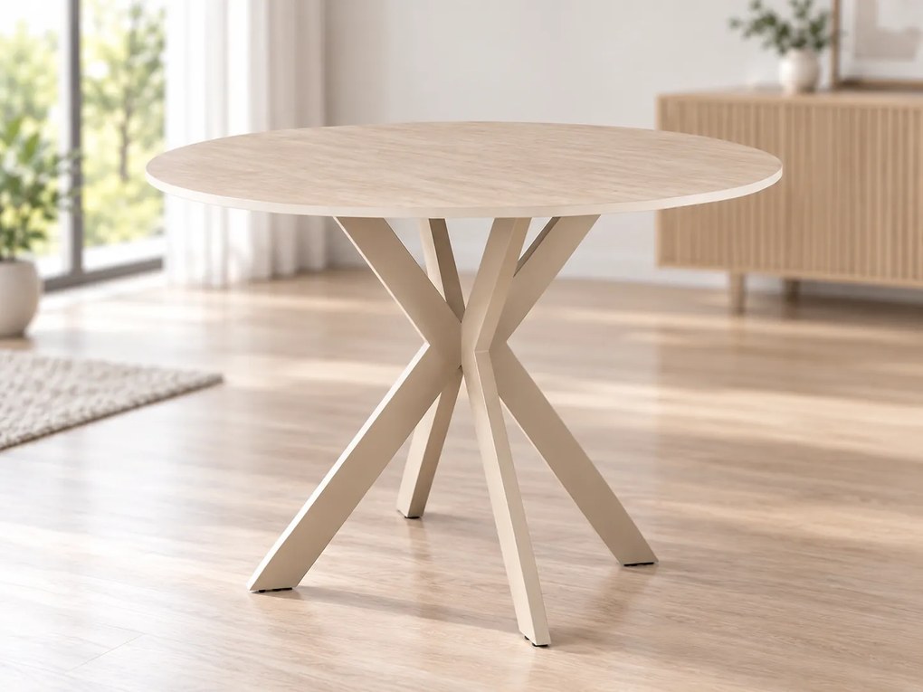 Okrągły stół jadalniany TALIA 90 cm z ceramicznym blatem z trawertynu, beżowy