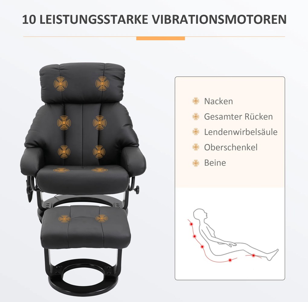 HOMCOM Fotel z masażem i funkcją leżenia Podnóżek w zestawie Skóra ekologiczna Czarny 76x80x102cm | Aosom PL