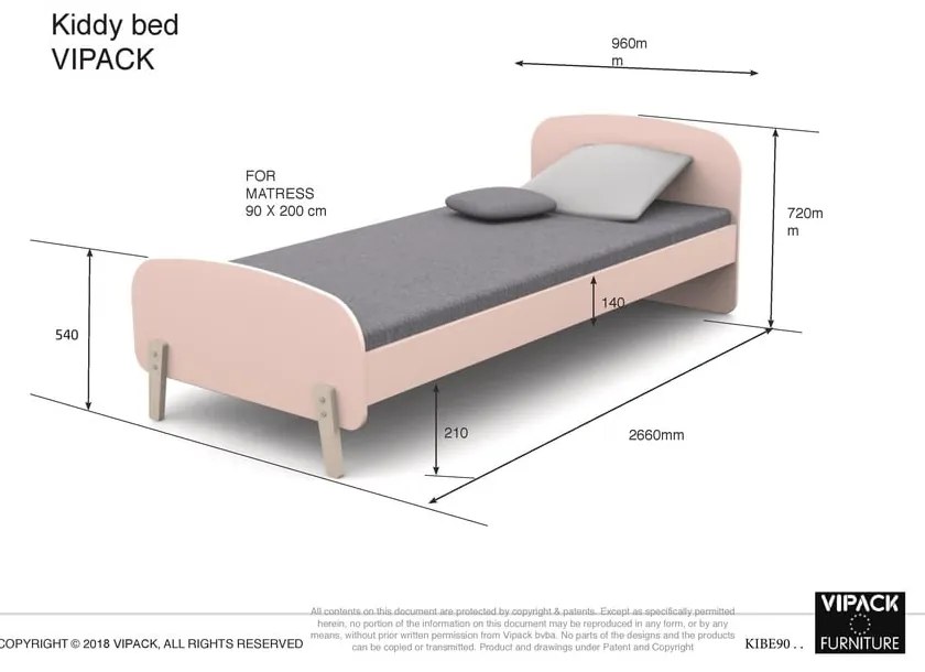 Miętowe łóżko dziecięce Vipack Kiddy, 200x90 cm