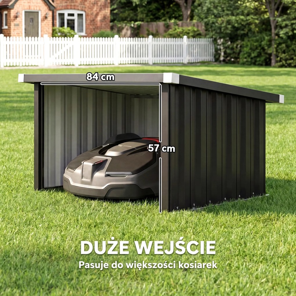 Outsunny Wiata dla robota koszącego stalowa 108 x 86 x 62,5 cm Garaż z dachem skośnym i osłoną krawędzi | Aosom PL