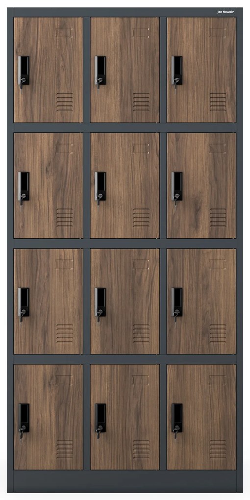 Szafka skrytkowa socjalna 12-skrytkowa antracytowa/orzech, 900x1850x400 mm: MARCIN Eco Design