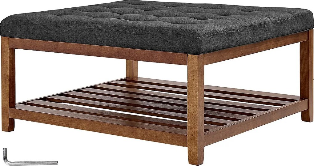 Duży Pikowany Kwadratowy Stolik Kawowy SucceBuy z Lnu, 87.5 cm, Pikowany Podnóżek z Półką do Przechowywania z Litego Drewna, Nośność 181,44 kg