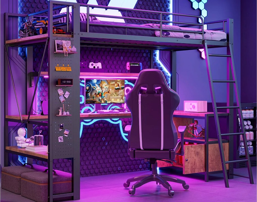 Łóżko na antresoli 90x200 cm - Konstrukcja stalowa - Oświetlenie LED - Biurko z półką - Port USB - Czarny​ (materac nie jest wliczony w cenę)