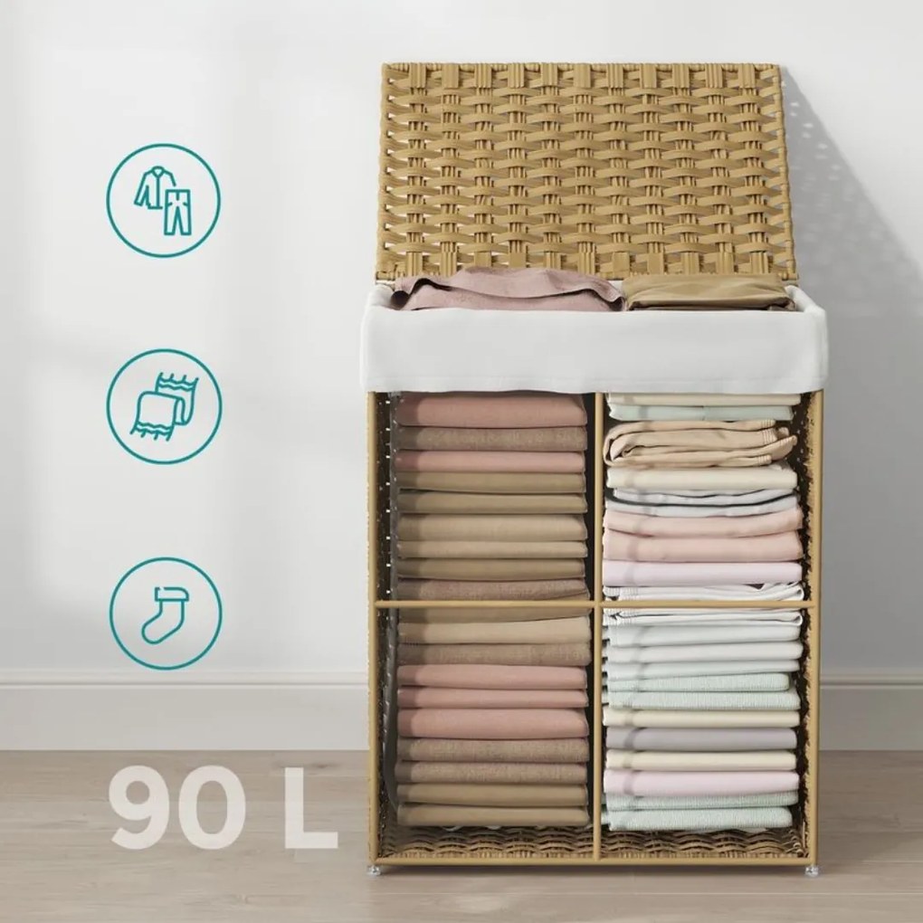 SongmicsHome Kosz na bieliznę z syntetycznego rattanu AVA, 90l, naturalny brąz