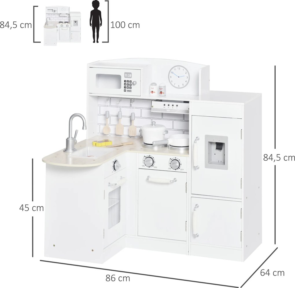 HOMCOM Kuchnia dla dzieci, 14-elementowe akcesoria, elektr. dozownik wody, 86 x 64 x 84,5 cm, Biały