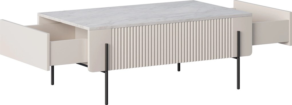 Stolik kawowy z szufladami Malmi 100 cm - kaszmir / crema bianca / czarne nóżki