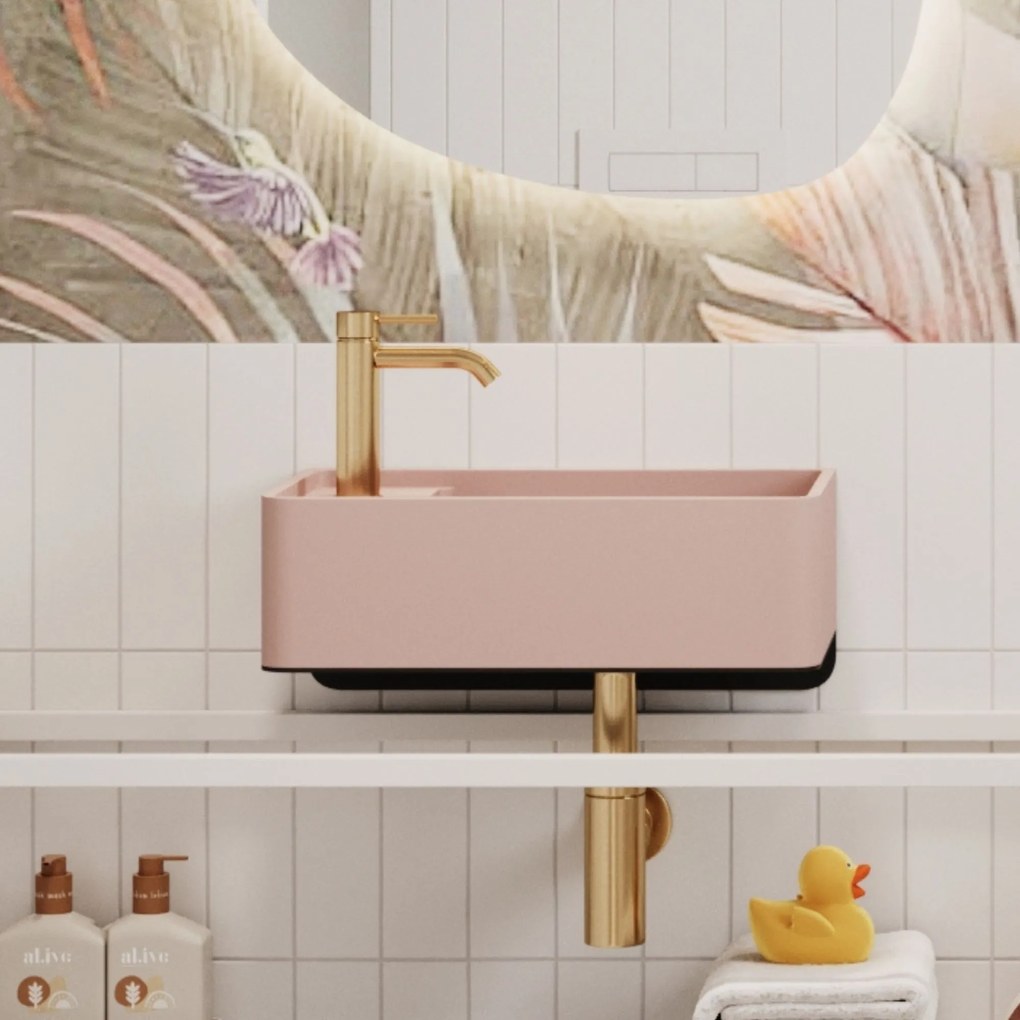 Umywalka z kamienia syntetycznego nablatowa / wisząca prostokątna różowa 43 cm x 25 cm EVELIA Pink : Otwory na baterię - Tak, Typ montażu - podwieszana