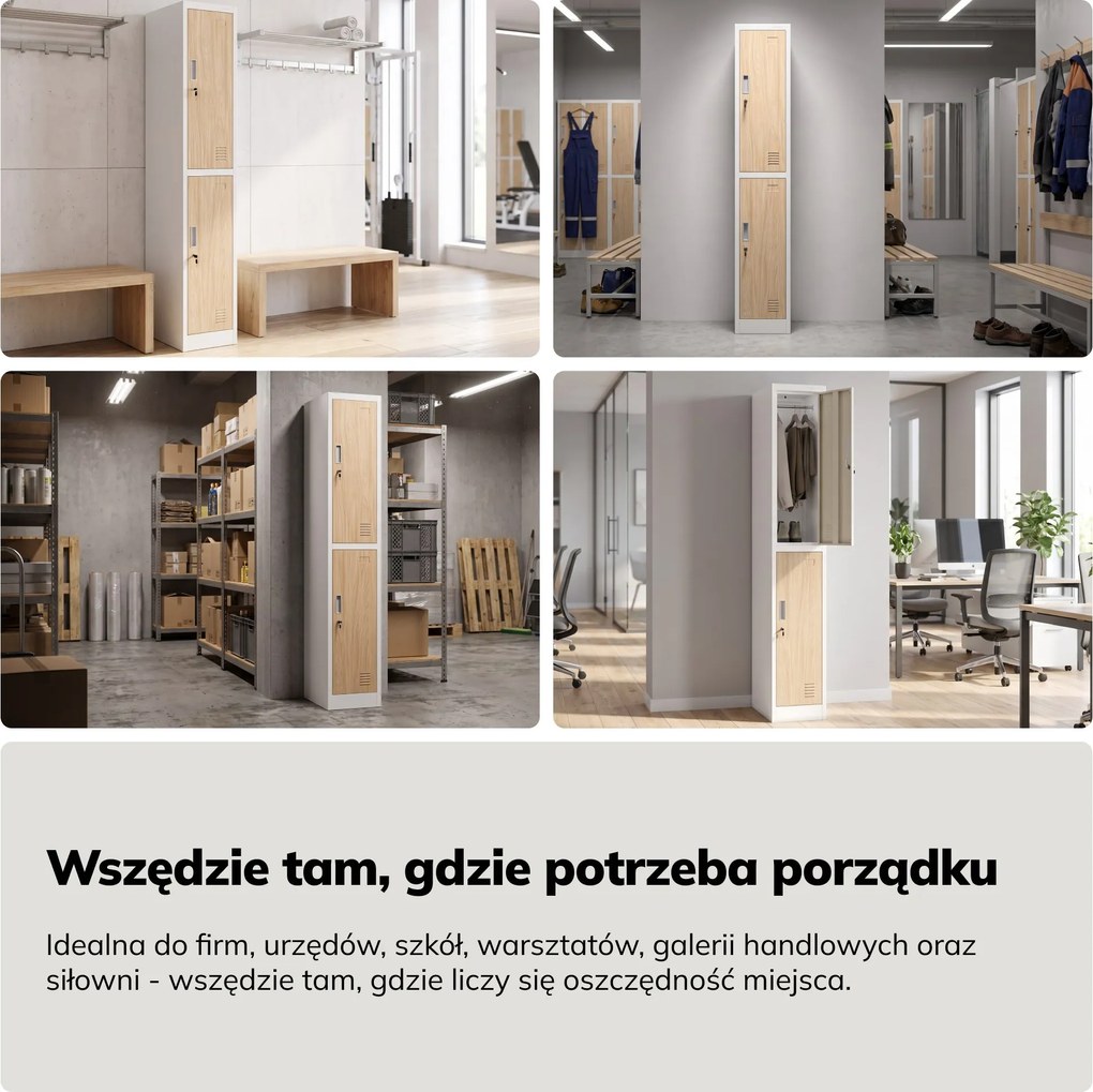Szafka BHP ubraniowa, pracownicza, pojedyncza, 2 skrytki z drążkiem, biała/dąb sonoma, 316,5x1850x450 mm: IGOR 1 Plus Eco Design