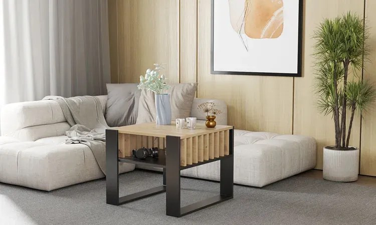 Nowoczesna Ława Czarny Kawowa Z Lamelami + Dąb Artisan L2-E26