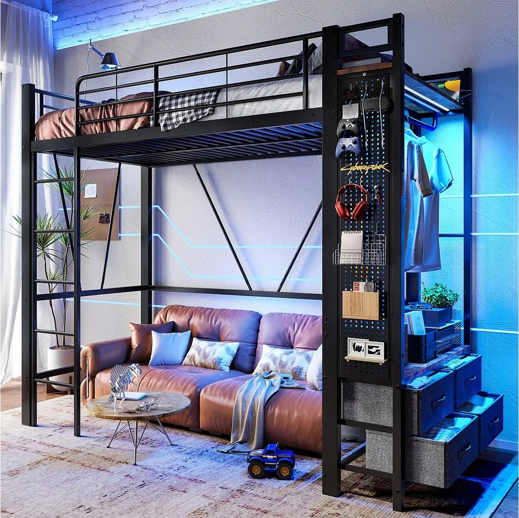 Łóżko piętrowe dla dzieci - 90 x 200 cm - konstrukcja żelazna - z półkami + 4 szuflady + diody LED - metalowe - czarne