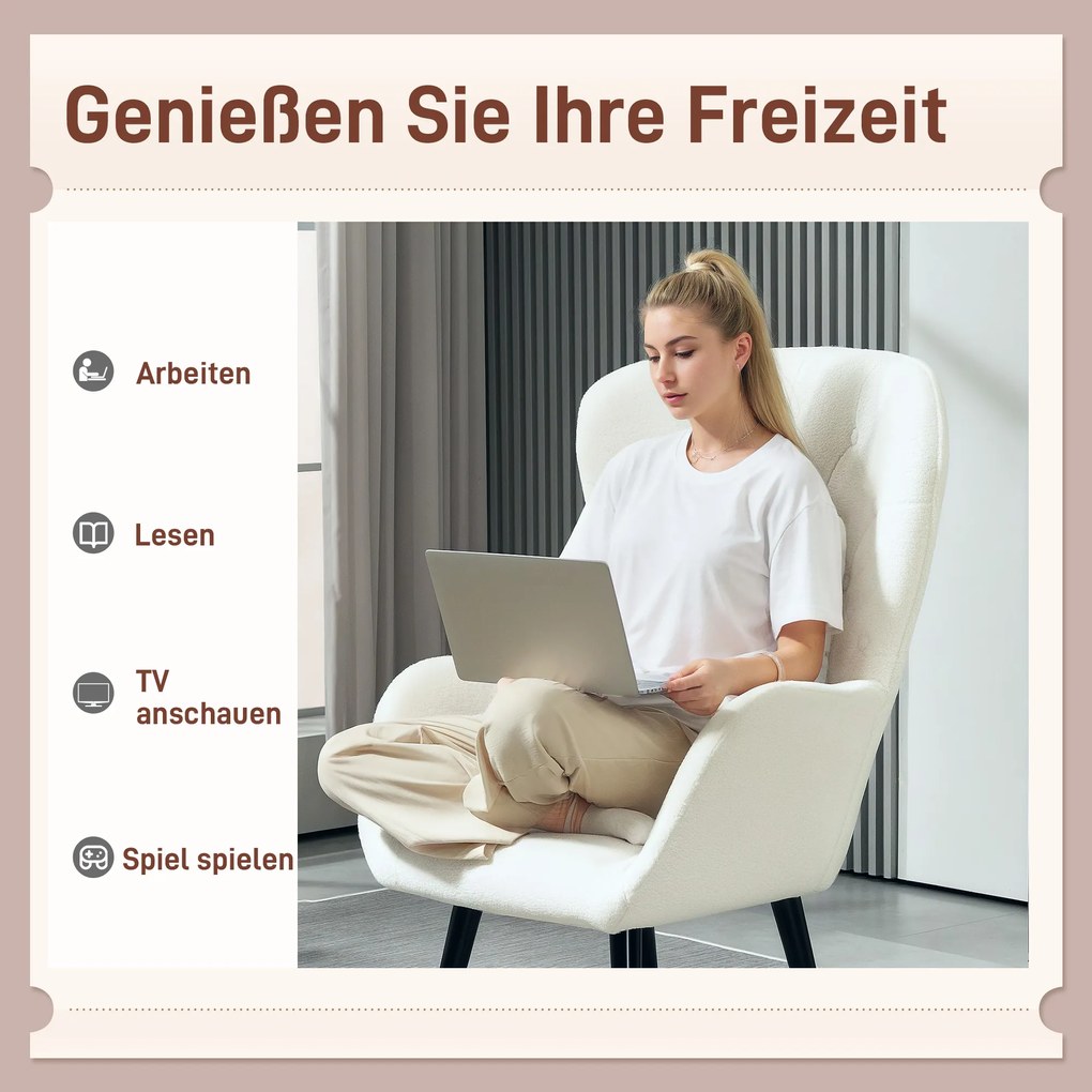 HOMCOM Fotel tapicerowany pikowany w romby, pokrycie z materiału imitującego futro misia, z poduszką dekoracyjną, 88 x 75 x 106 cm, Biały