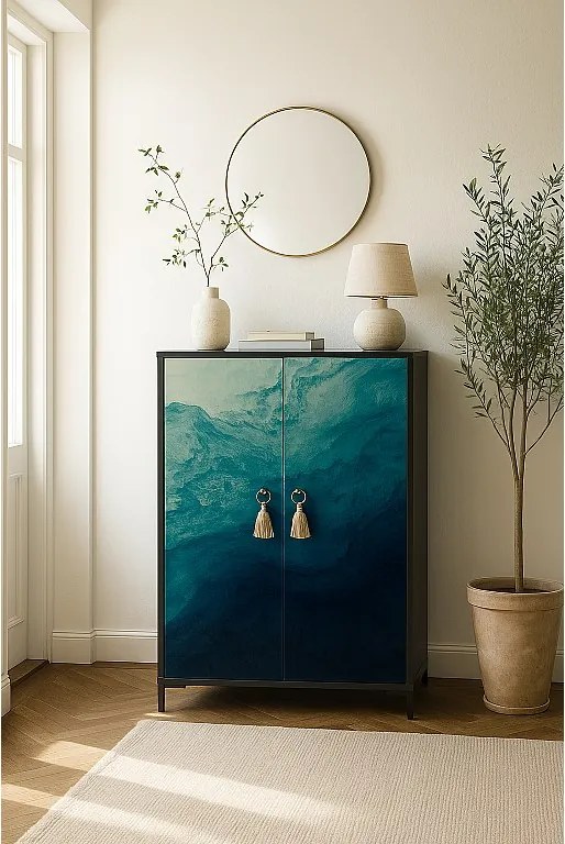 Komoda z MDF z 2 dekoracyjnymi drzwiami z motywem w kolorze niebieskim oceanu