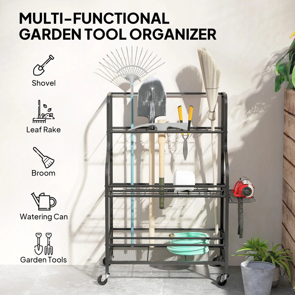 Outsunny Organizer Narzędzi Ogrodowych 3-poziomowy Stojak na Narzędzia Ogrodowe z Hakami do 40 kg 77x40x97cm Czarny