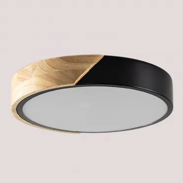 Plafon Sufitowy Led Okrągły Z Żelaza Jan Jasny Drewniany Brąz - Czarny & Ø30 Cm - Sklum