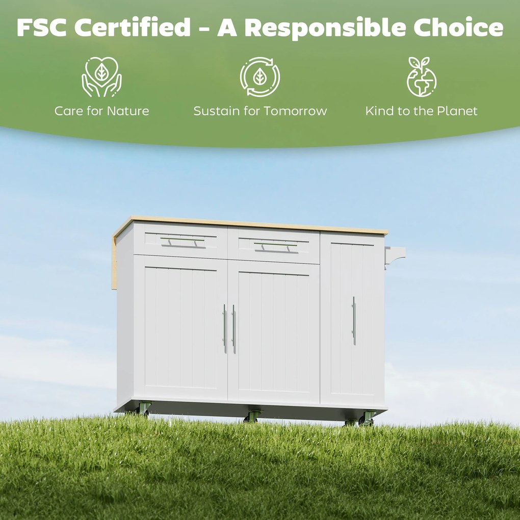 HOMCOM Mobilna wyspa kuchenna, rozszerzalny blat, drzwi szafki, szuflady, uchwyt na ręcznik, wózek kuchenny z MDF, biały | Aosom PL