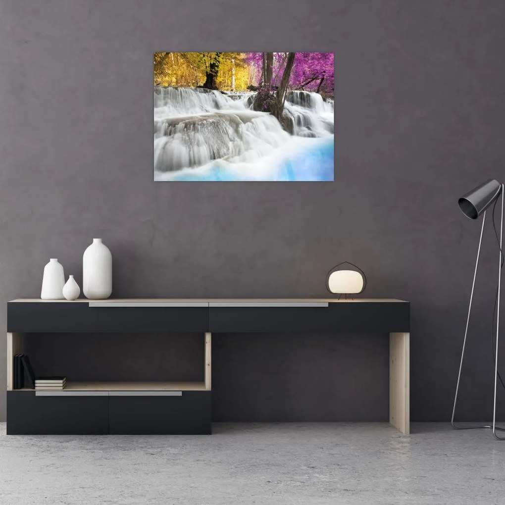 Obraz na szkle wodospadu Erawan w lesie (70x50 cm)