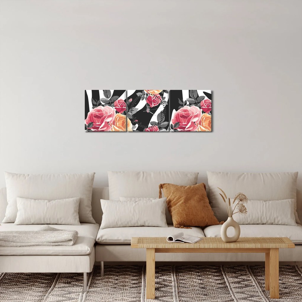Obraz kwitnących róż (z zegarem) (90x30 cm)