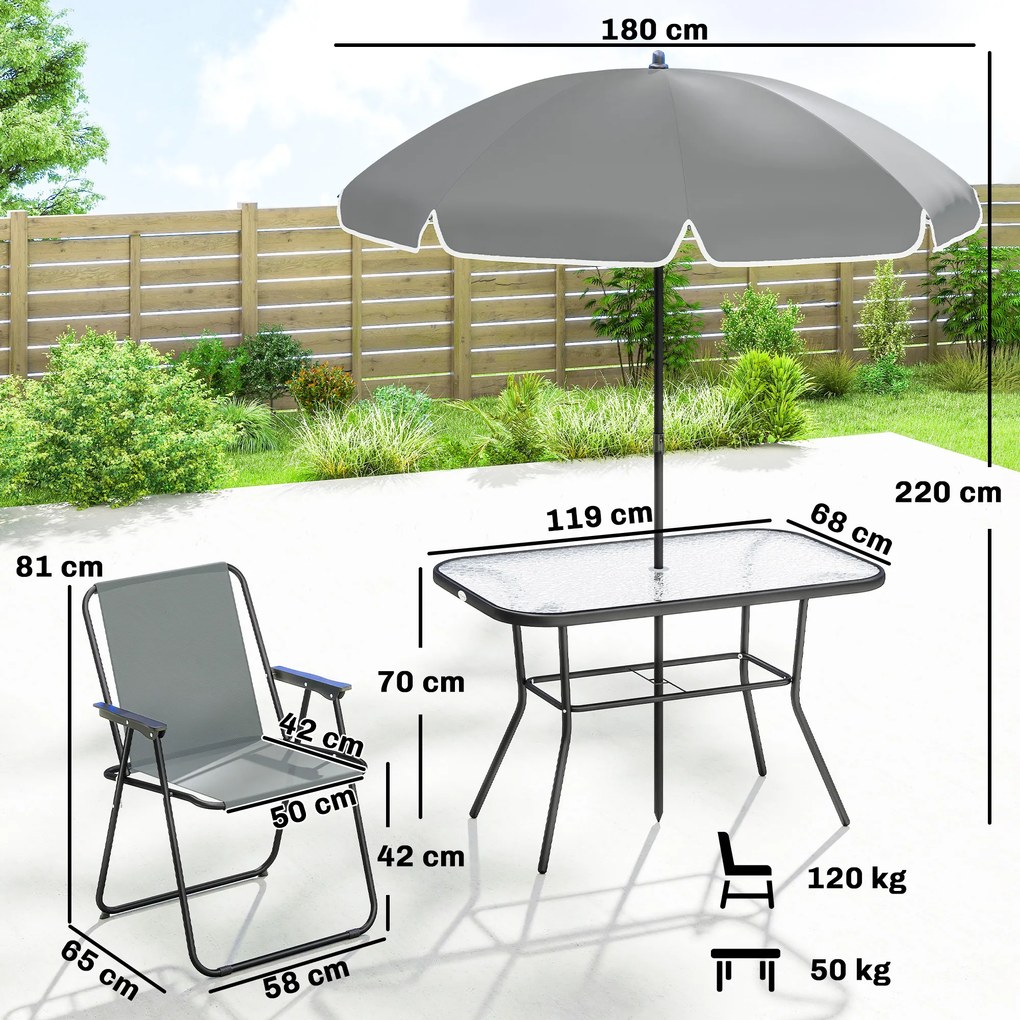Outsunny Zestaw Mebli Ogrodowych 119 x 68 cm Stół ze Szkła z 6 Składanymi Krzesłami Parasol Wzór Wodny Szary | Aosom PL