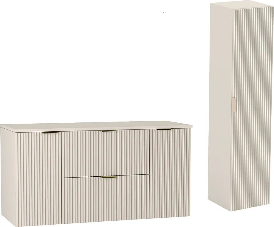 Kaszmirowy Zestaw Łazienkowy 120cm Szafka Blat Słupek Ryflowane Fronty