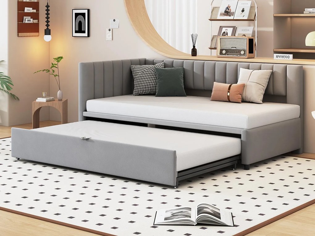 Łóżko piętrowe 90/180x200cm z weluru - Jasnoszare (materac nie jest w zestawie)