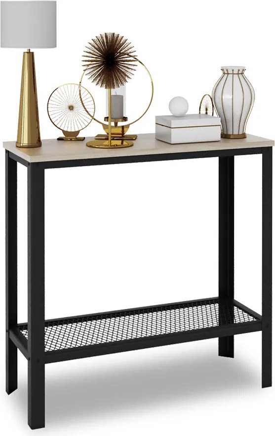 Minimalistyczna konsola z metalowym stelażem czarny + dąb sonoma G4-R49
