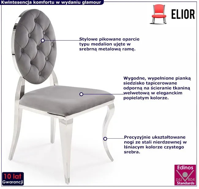 Krzesło medalion w stylu glamour popielaty + srebrny - Lummo