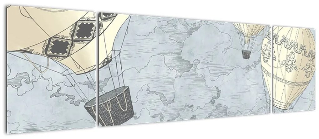 Obraz - Balony nad miastem, zimne odcienie (170x50 cm)